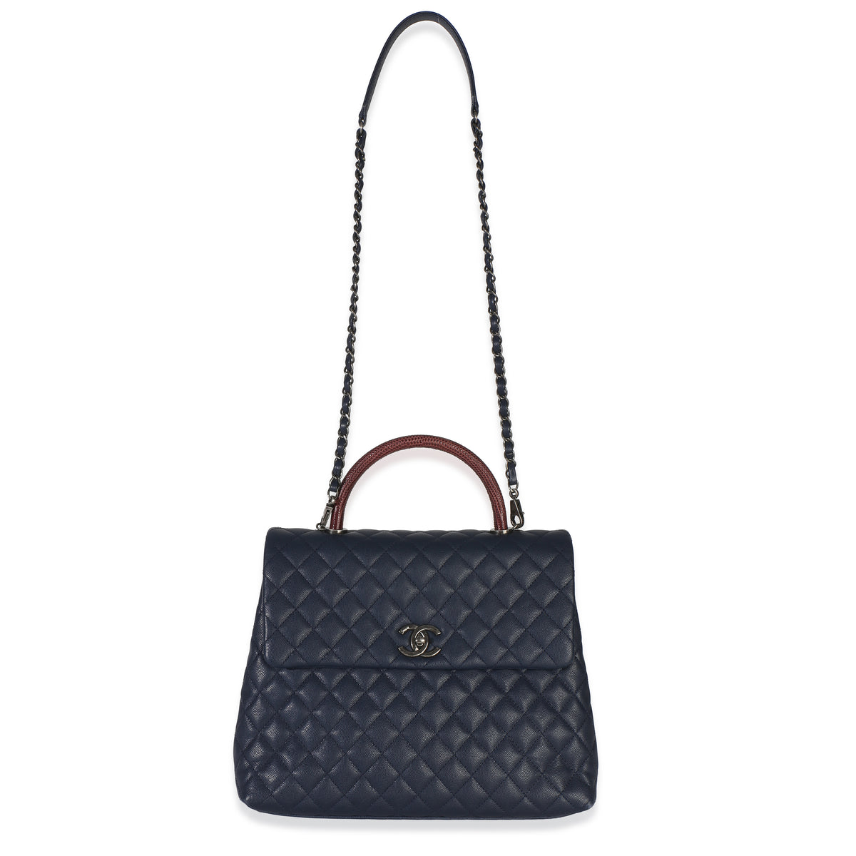 Chanel Navy Quilted Caviar Lizard Large Coco Top Handle Bag Handbag 8