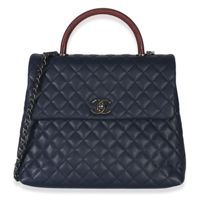 Chanel Navy Quilted Caviar Lizard Large Coco Top Handle Bag Handbag fv