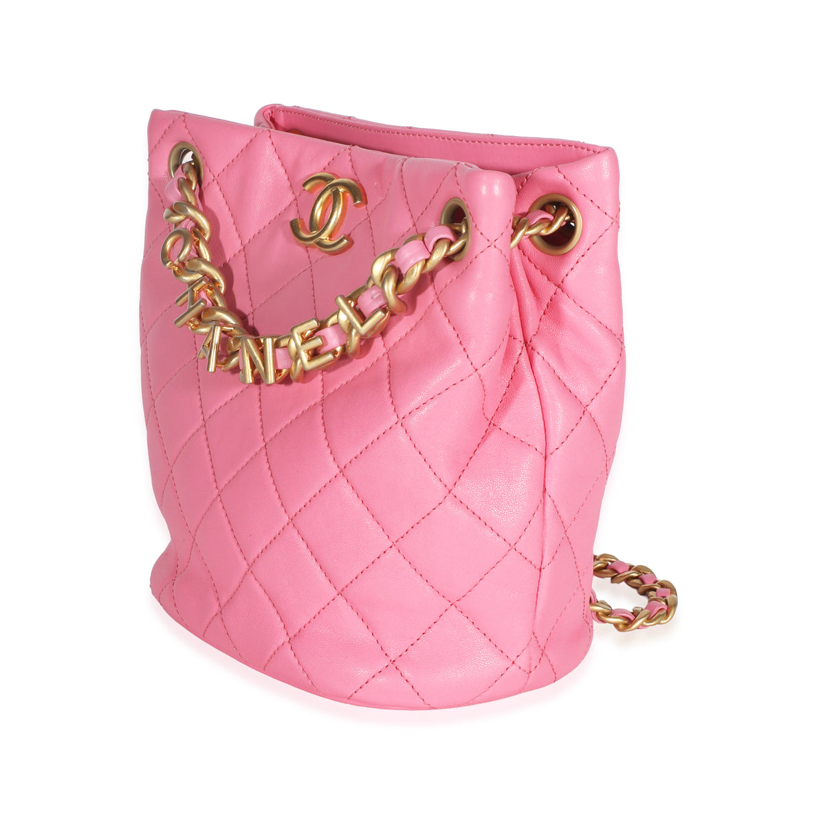Chanel Pink Quilted Lambskin Logo Chain Bucket Bag Handbag 2