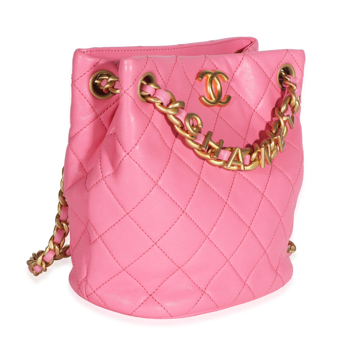 Chanel Pink Quilted Lambskin Logo Chain Bucket Bag Handbag 3