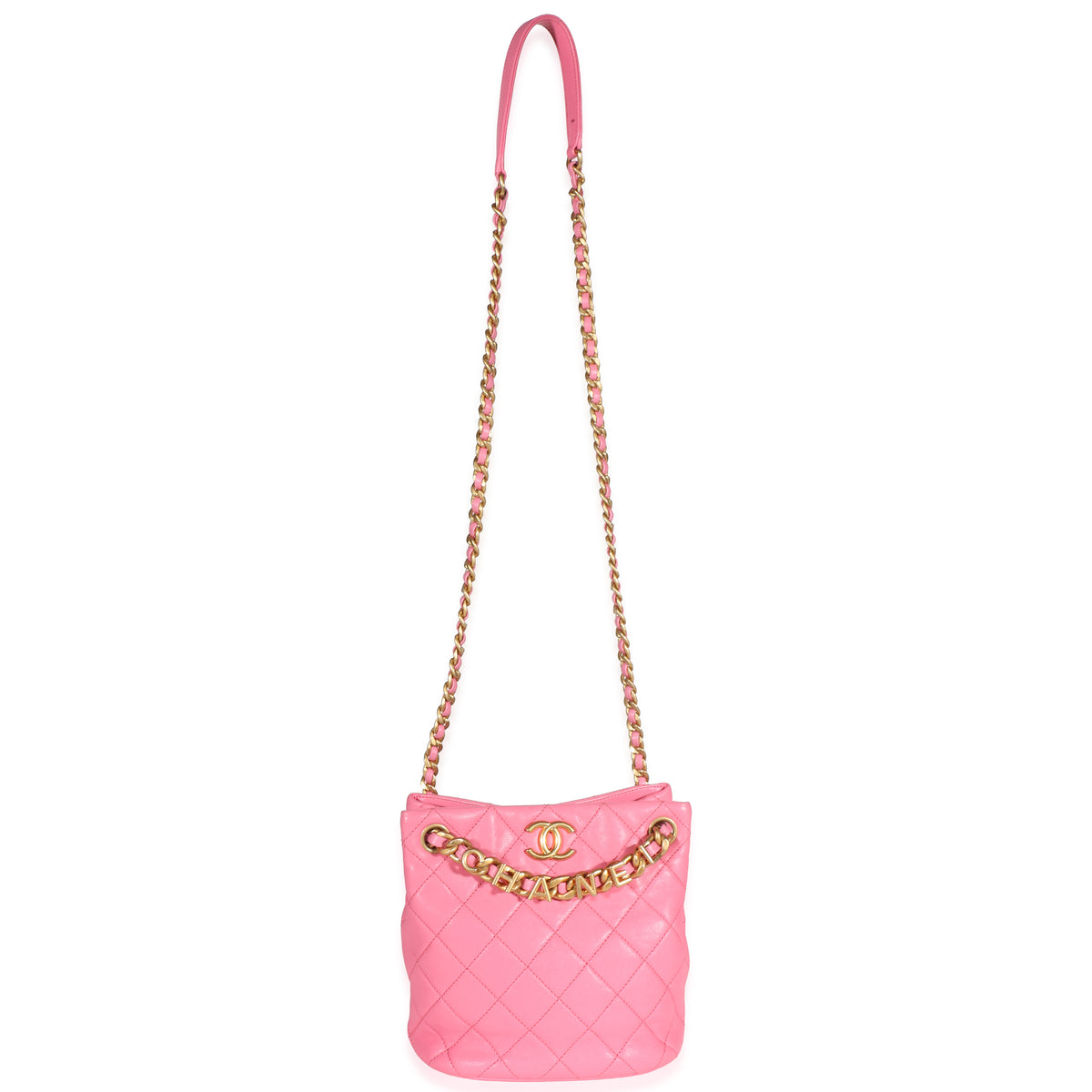Chanel Pink Quilted Lambskin Logo Chain Bucket Bag Handbag 9