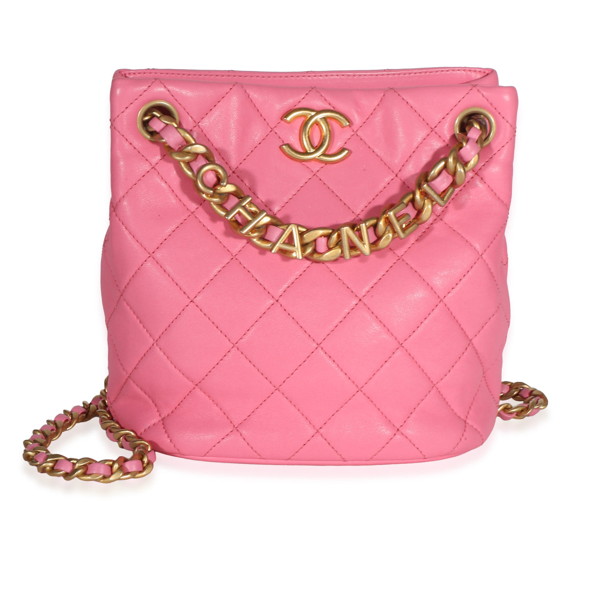 Chanel Pink Quilted Lambskin Logo Chain Bucket Bag Handbag fv