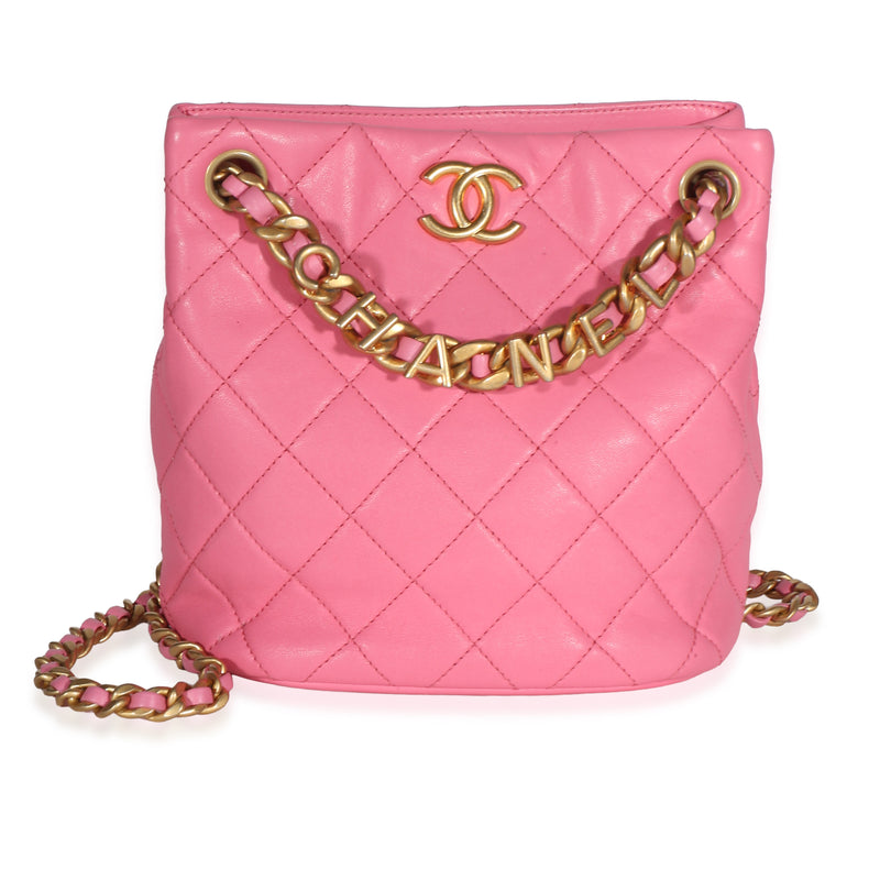Chanel Pink Quilted Lambskin Logo Chain Bucket Bag Handbag fv