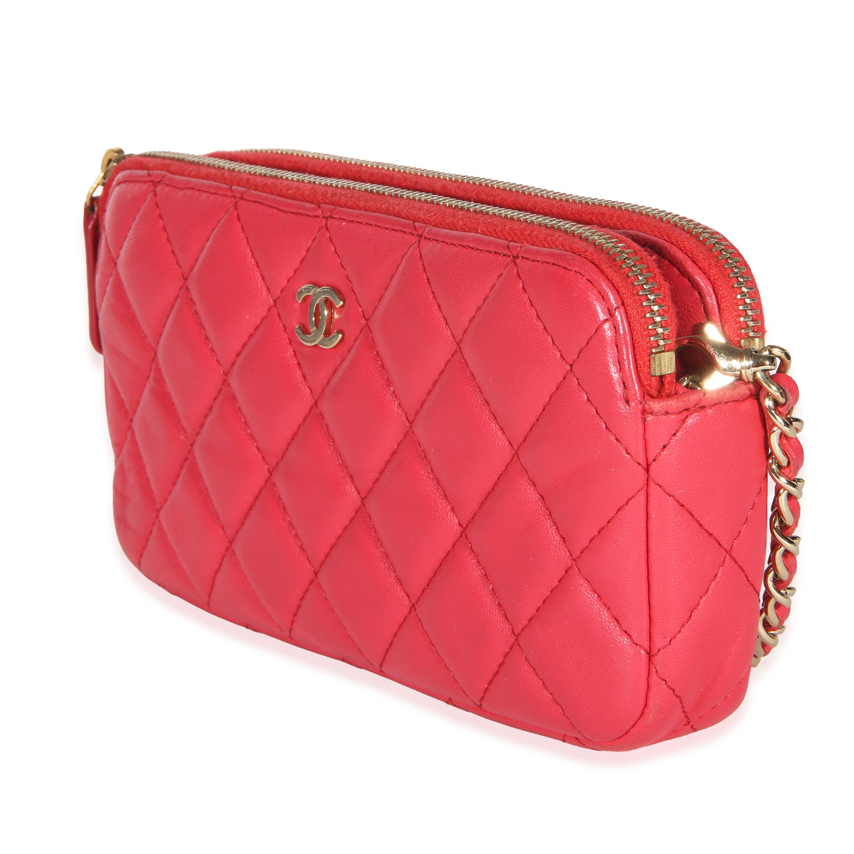 Chanel Pink Quilted Lambskin Double Zip Clutch With Chain Handbag 2
