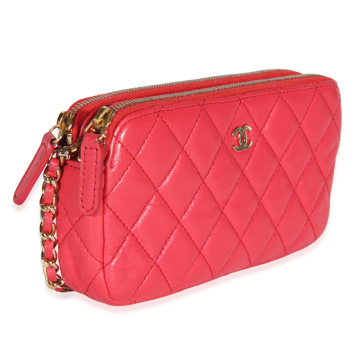 Chanel Pink Quilted Lambskin Double Zip Clutch With Chain Handbag 3
