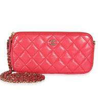 Chanel Pink Quilted Lambskin Double Zip Clutch With Chain Handbag fv