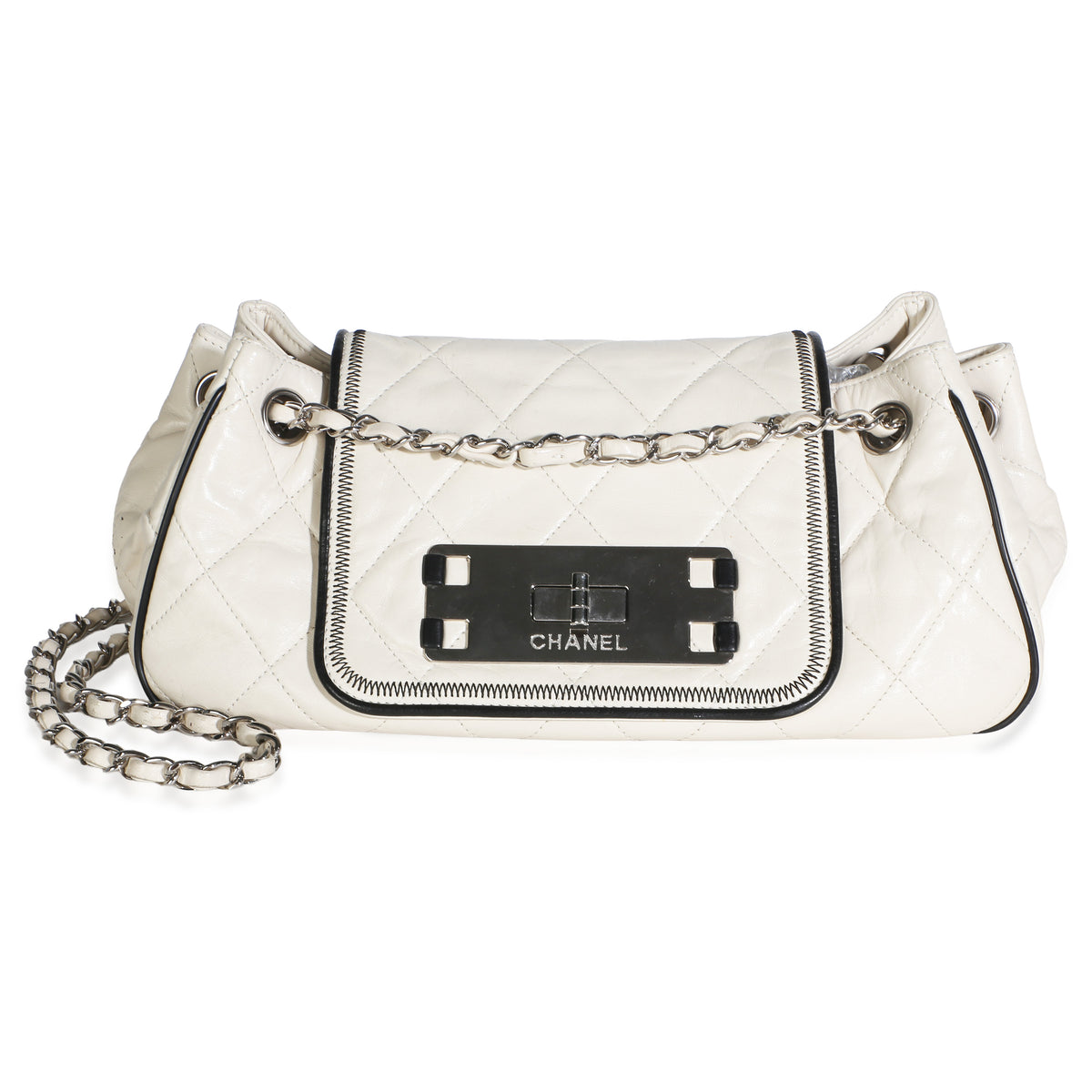 Chanel White Quilted Lambskin Mademoiselle Lock East West Accordion Bag Handbag fv