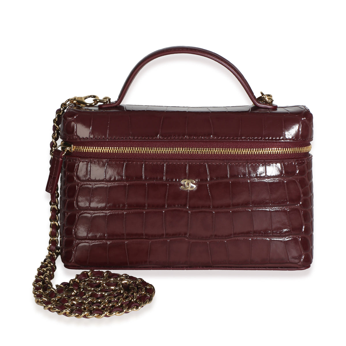 Chanel Dark Burgundy Crocodile Embossed Calfskin Vanity With Chain Handbag 2