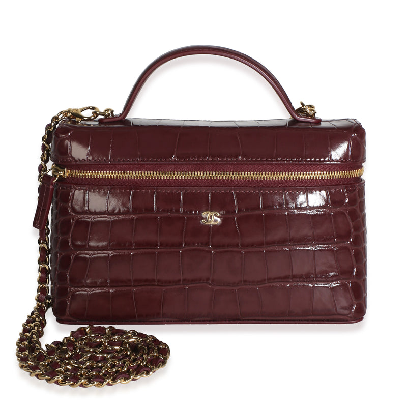 Chanel Dark Burgundy Crocodile Embossed Calfskin Vanity With Chain Handbag fv