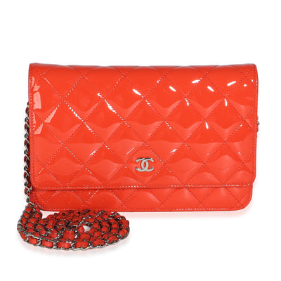 Chanel Red Quilted Patent Classic Wallet On Chain Handbag fv