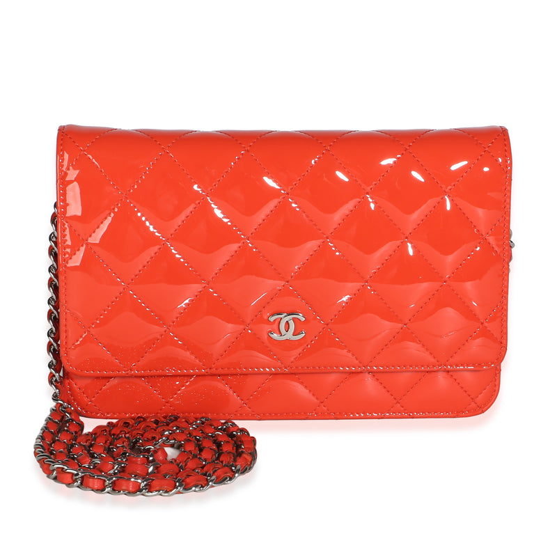 Chanel Red Quilted Patent Classic Wallet On Chain Handbag fv