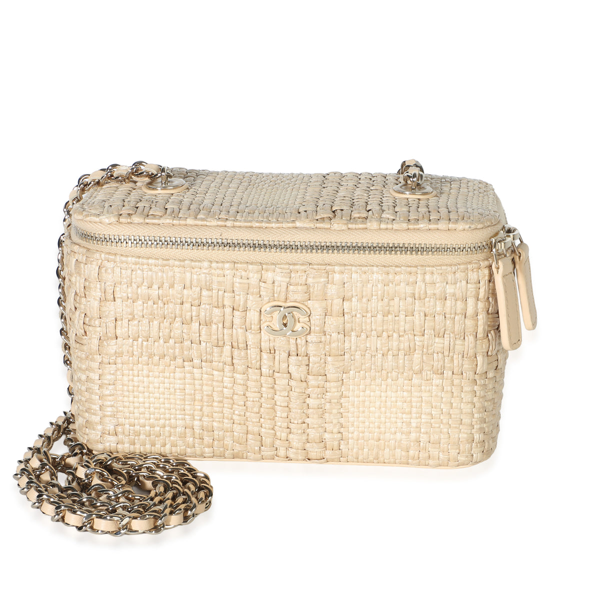 Chanel Beige Braided Raffia Vanity Case With Chain Handbag fv