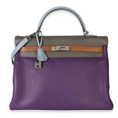 Hermès Ultraviolet Etain Bleu Lin Bleu Orage Gold Clemence Arlequin Retourne Kel Handbag fv