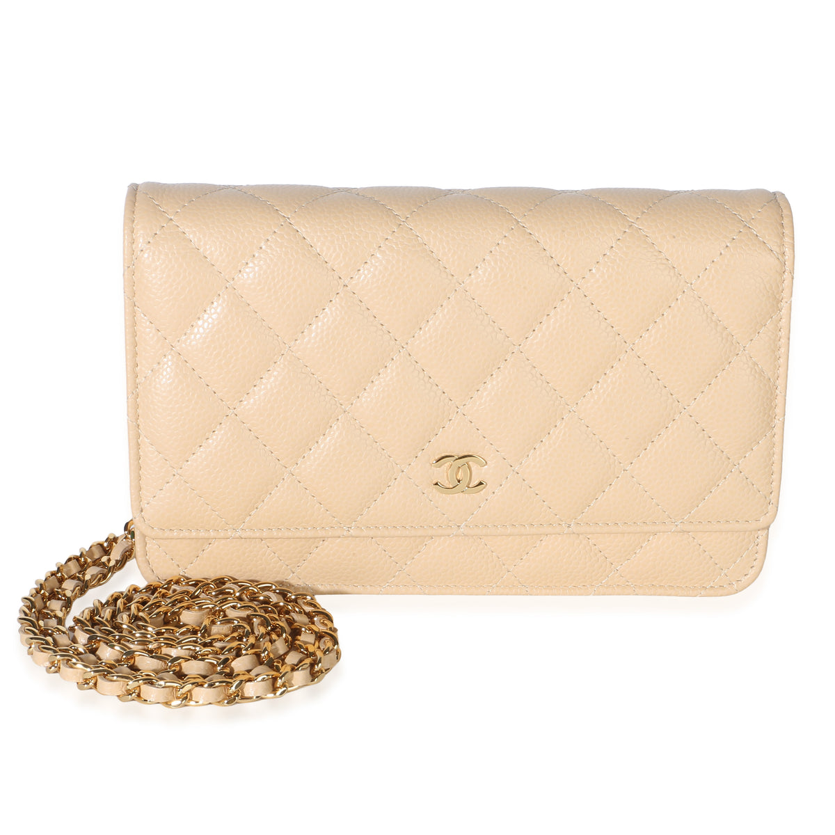 Chanel Beige Quilted Caviar Classic Wallet On Chain Handbag fv