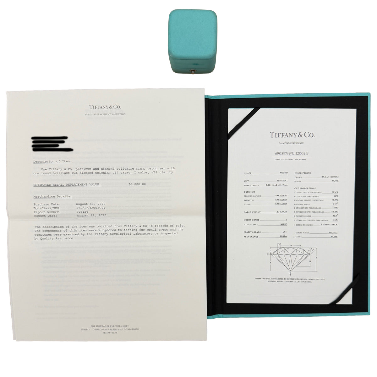 Tiffany & Co. 0.67 ct Round Brilliant Diamond Engagement Ring box