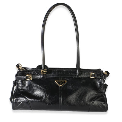 Prada Black Glossy Calfskin Triangle Medium Bonnie Shoulder Bag Handbag fv