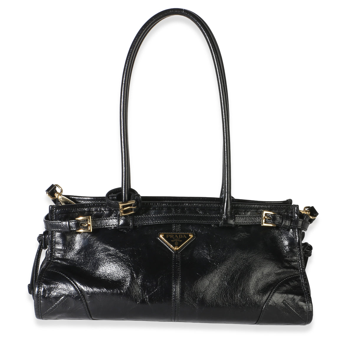 Prada Black Glossy Calfskin Triangle Medium Bonnie Shoulder Bag Handbag fv