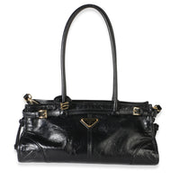 Prada Black Glossy Calfskin Triangle Medium Bonnie Shoulder Bag Handbag fv