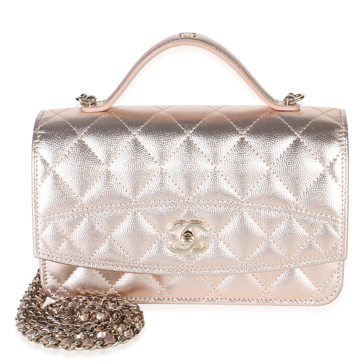 Chanel Metallic Copper Shiny Caviar Top Handle Wallet On Chain Handbag fv