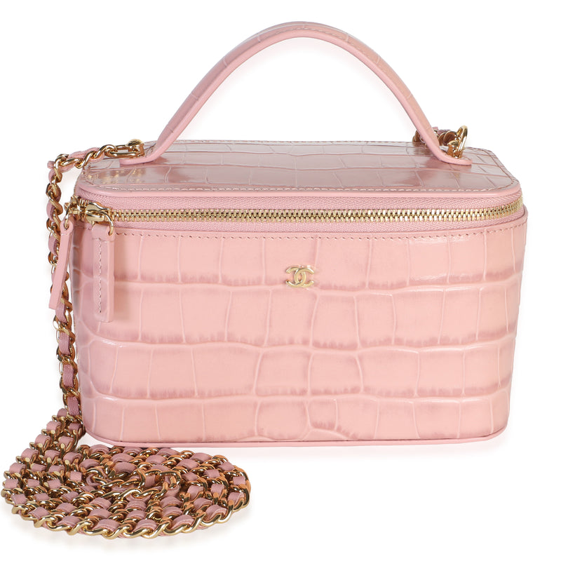 Chanel 26B Light Pink Crocodile Embossed Calfskin Vanity With Chain Handbag fv