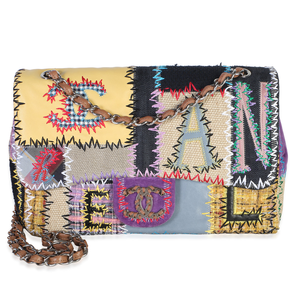 Chanel Multicolor Denim Tweed Patchwork Jumbo Single Flap Bag Handbag fv