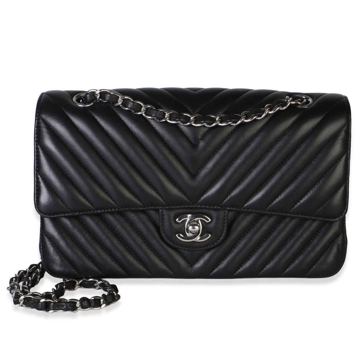 Chanel Black Chevron Lambskin Medium Classic Double Flap Bag Handbag fv