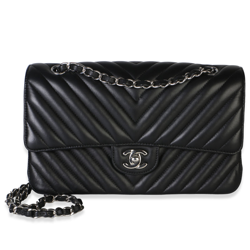Chanel Black Chevron Lambskin Medium Classic Double Flap Bag Handbag fv