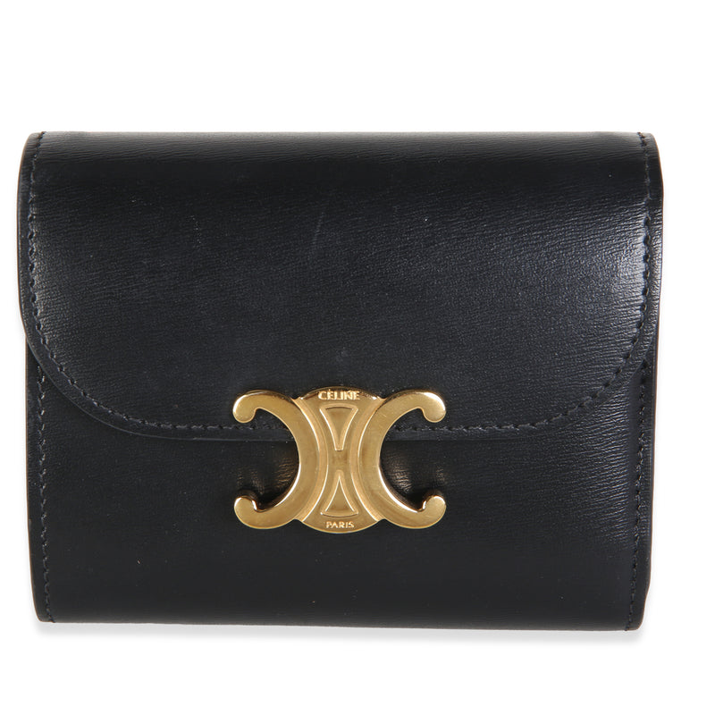 Celine Black Calfskin Small Compact Triomphe Flap Wallet Wallet fv