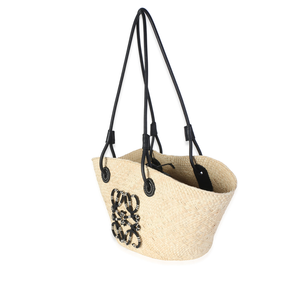 Loewe Beige Black Iraca Palm Calfskin Small Anagram Basket Handbag 2