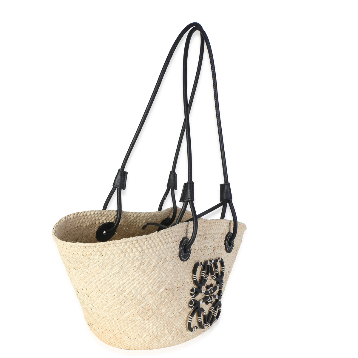 Loewe Beige Black Iraca Palm Calfskin Small Anagram Basket Handbag 3