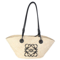 Loewe Beige Black Iraca Palm Calfskin Small Anagram Basket Handbag fv