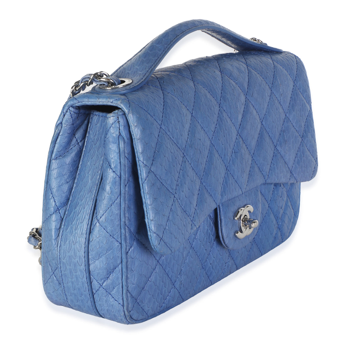 Chanel Blue Quilted Snakeskin Medium Easy Carry Flap Bag Handbag 3