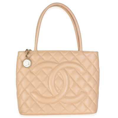 Chanel Beige Quilted Caviar Medallion Tote Handbag fv