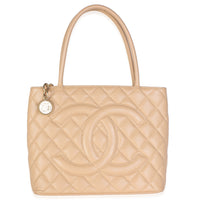 Chanel Beige Quilted Caviar Medallion Tote Handbag fv
