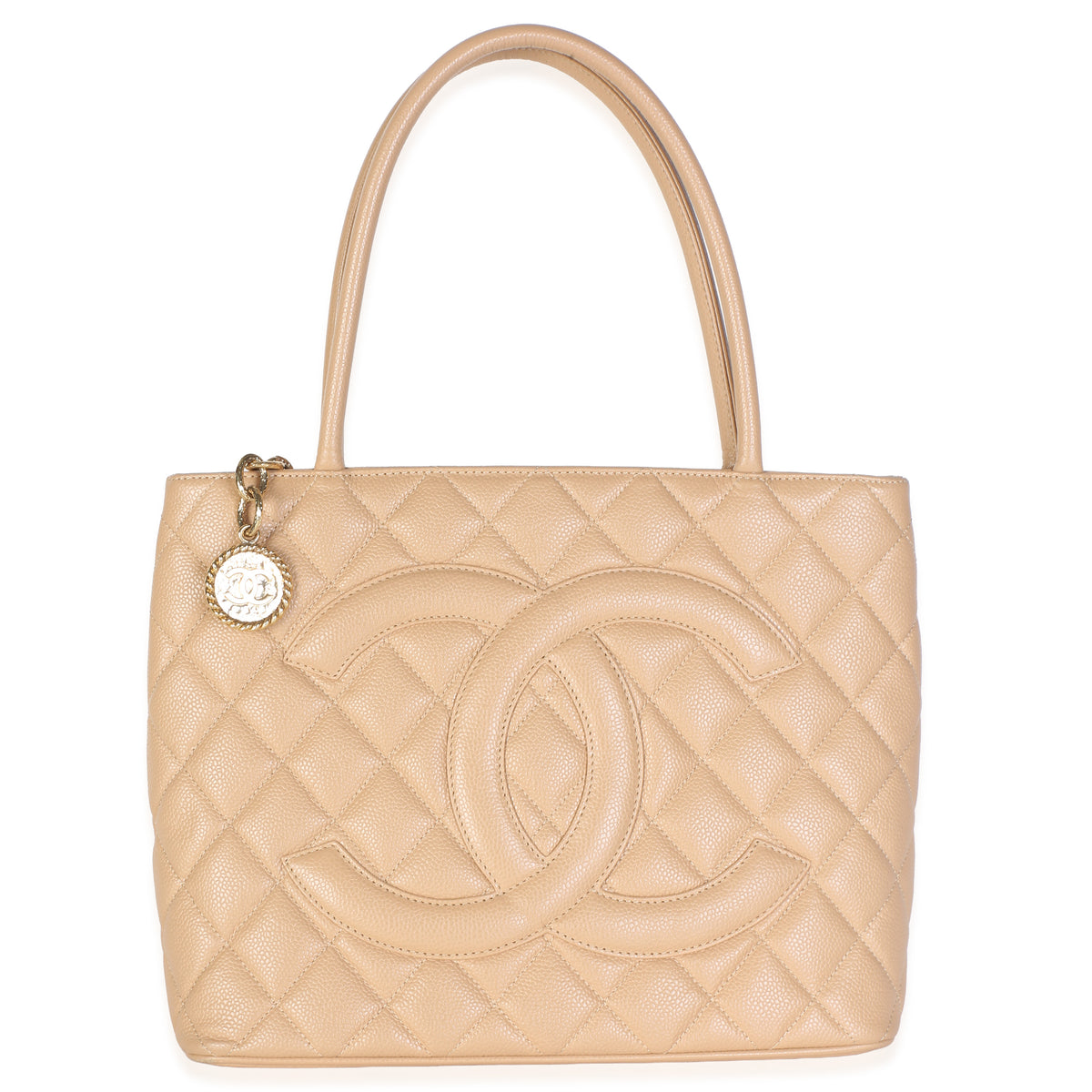 Chanel Beige Quilted Caviar Medallion Tote Handbag fv