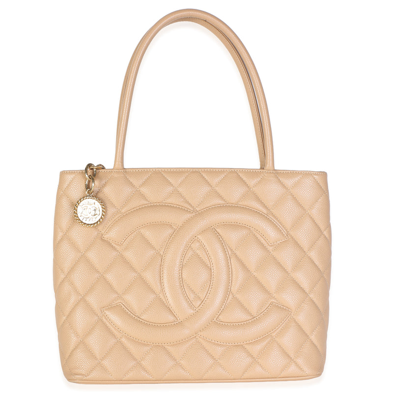 Chanel Beige Quilted Caviar Medallion Tote Handbag fv