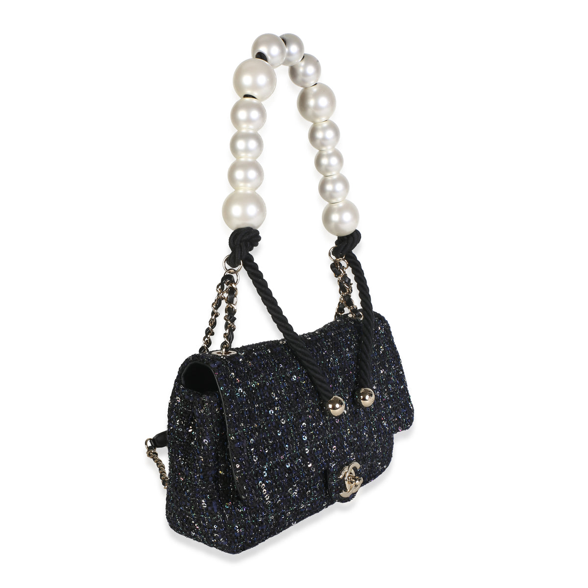 Chanel Black Ecru Tweed Medium Pearl Handle Flap Handbag 3