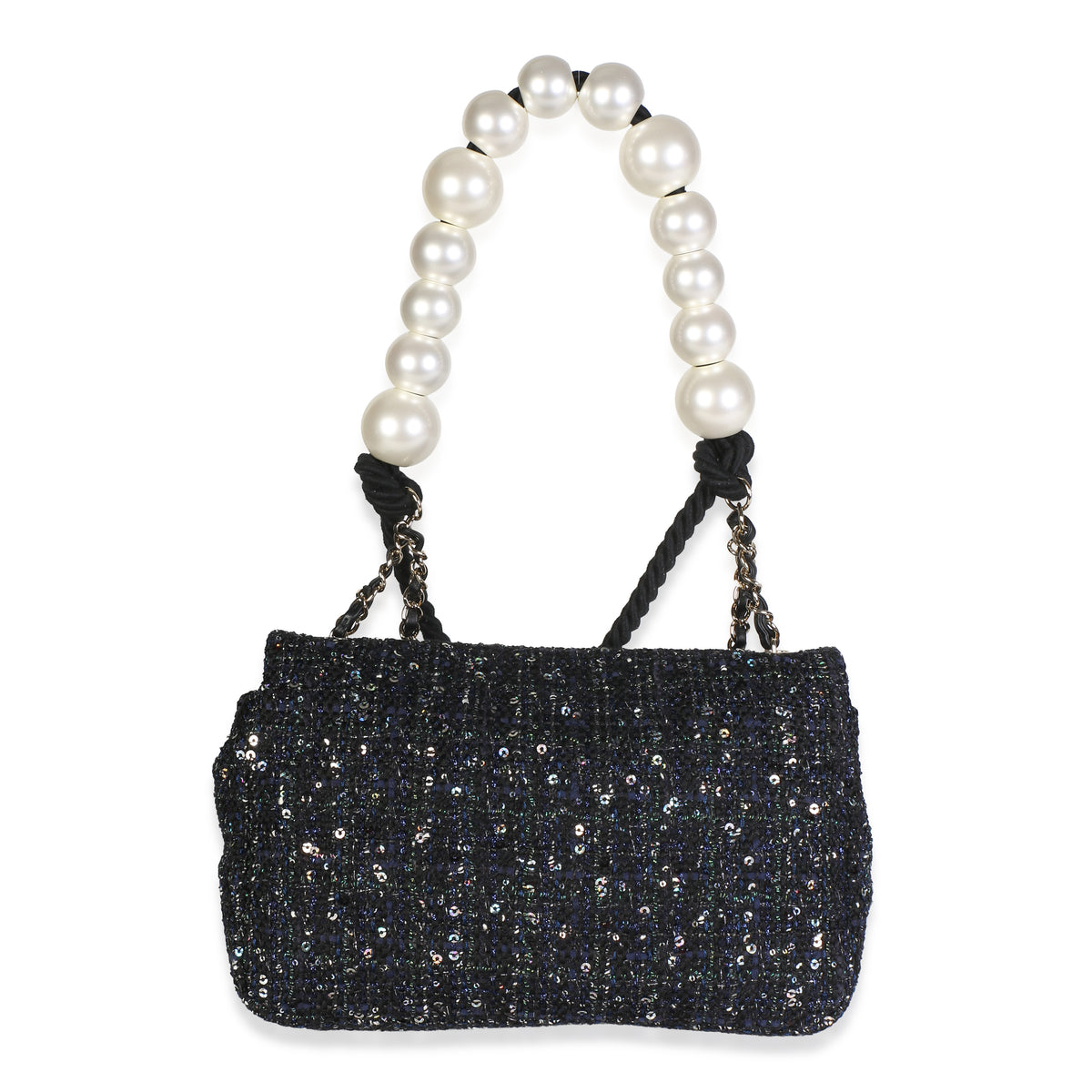 Chanel Black Ecru Tweed Medium Pearl Handle Flap Handbag 4