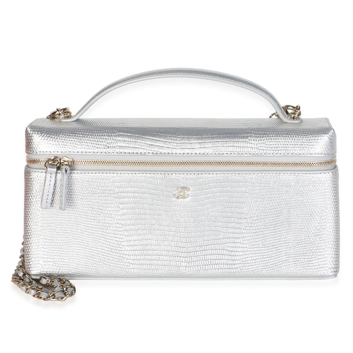 Chanel Silver Lizard Embossed Calfskin Top Handle Slim Vanity With Chain Handbag fv