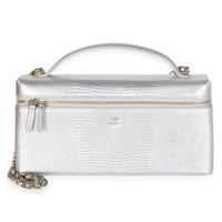 Chanel Silver Lizard Embossed Calfskin Top Handle Slim Vanity With Chain Handbag fv