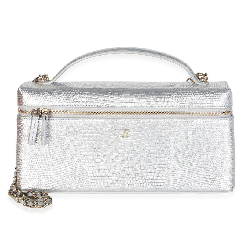 Chanel Silver Lizard Embossed Calfskin Top Handle Slim Vanity With Chain Handbag fv