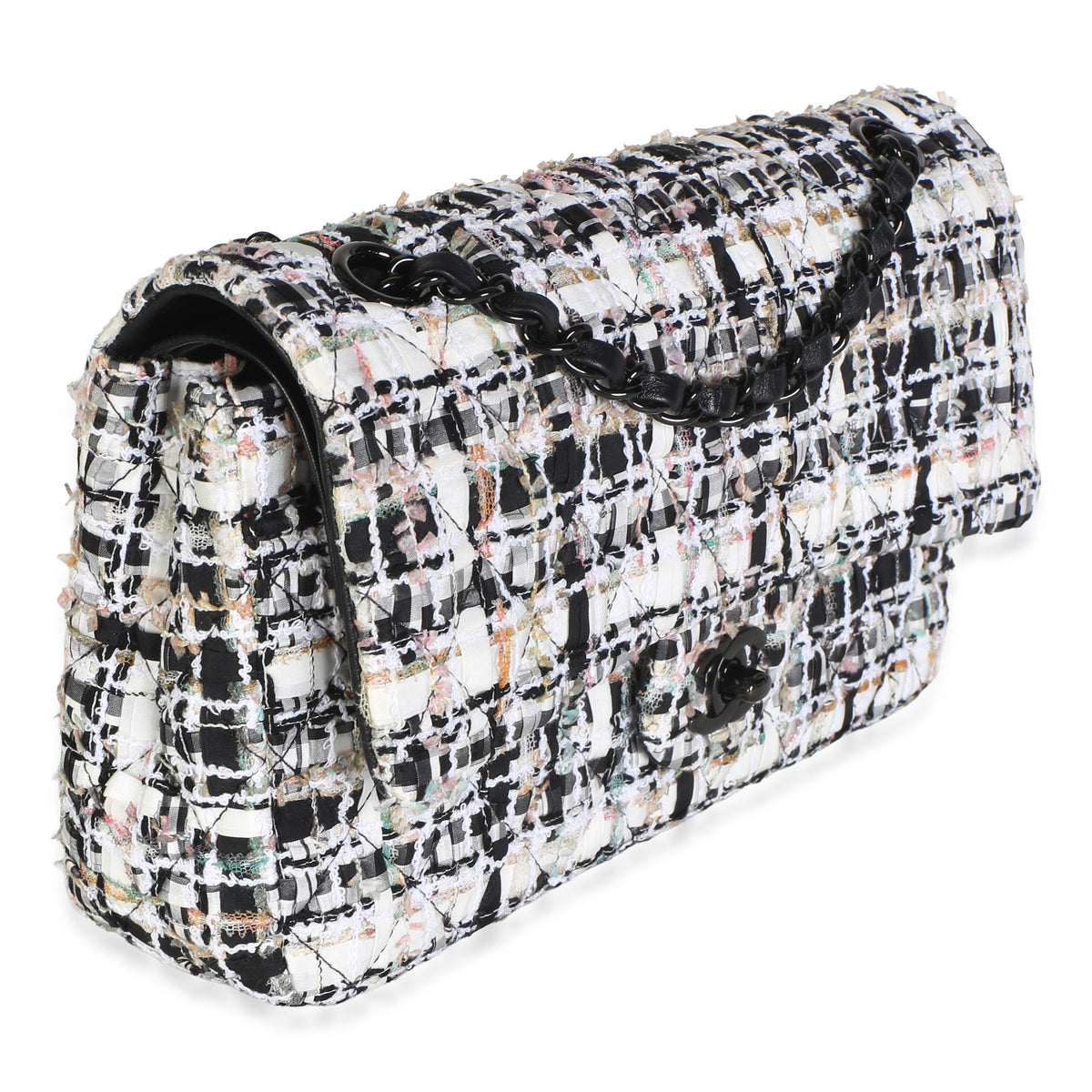 Chanel Black White Quilted Tweed Medium Classic Double Flap Bag Handbag 3