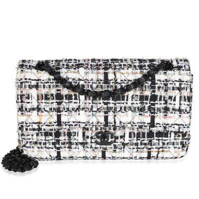 Chanel Black White Quilted Tweed Medium Classic Double Flap Bag Handbag fv