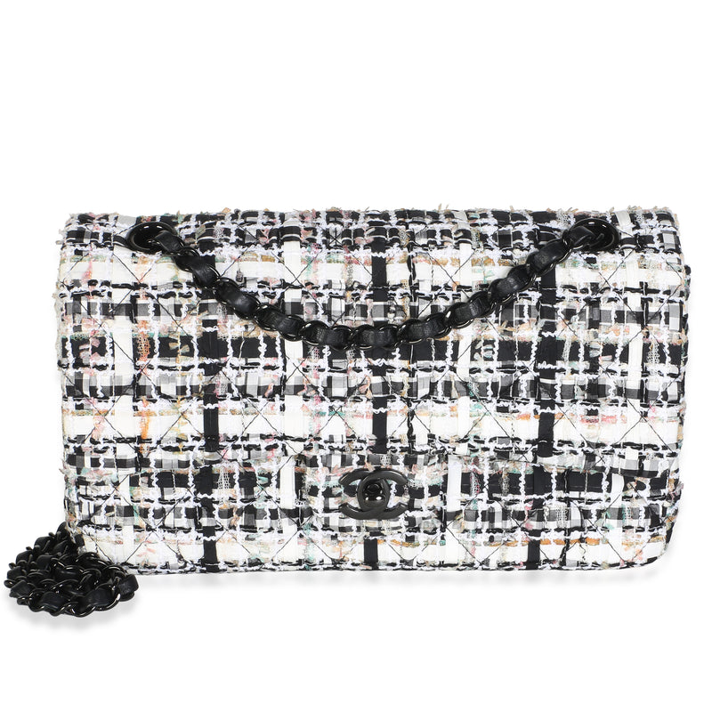 Chanel Black White Quilted Tweed Medium Classic Double Flap Bag Handbag fv