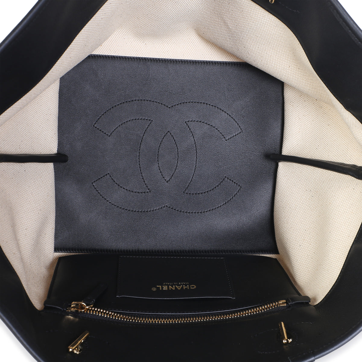 Chanel 26S Ecru Canvas Black Calfskin Small CC Shopping Tote Bag Handbag 10