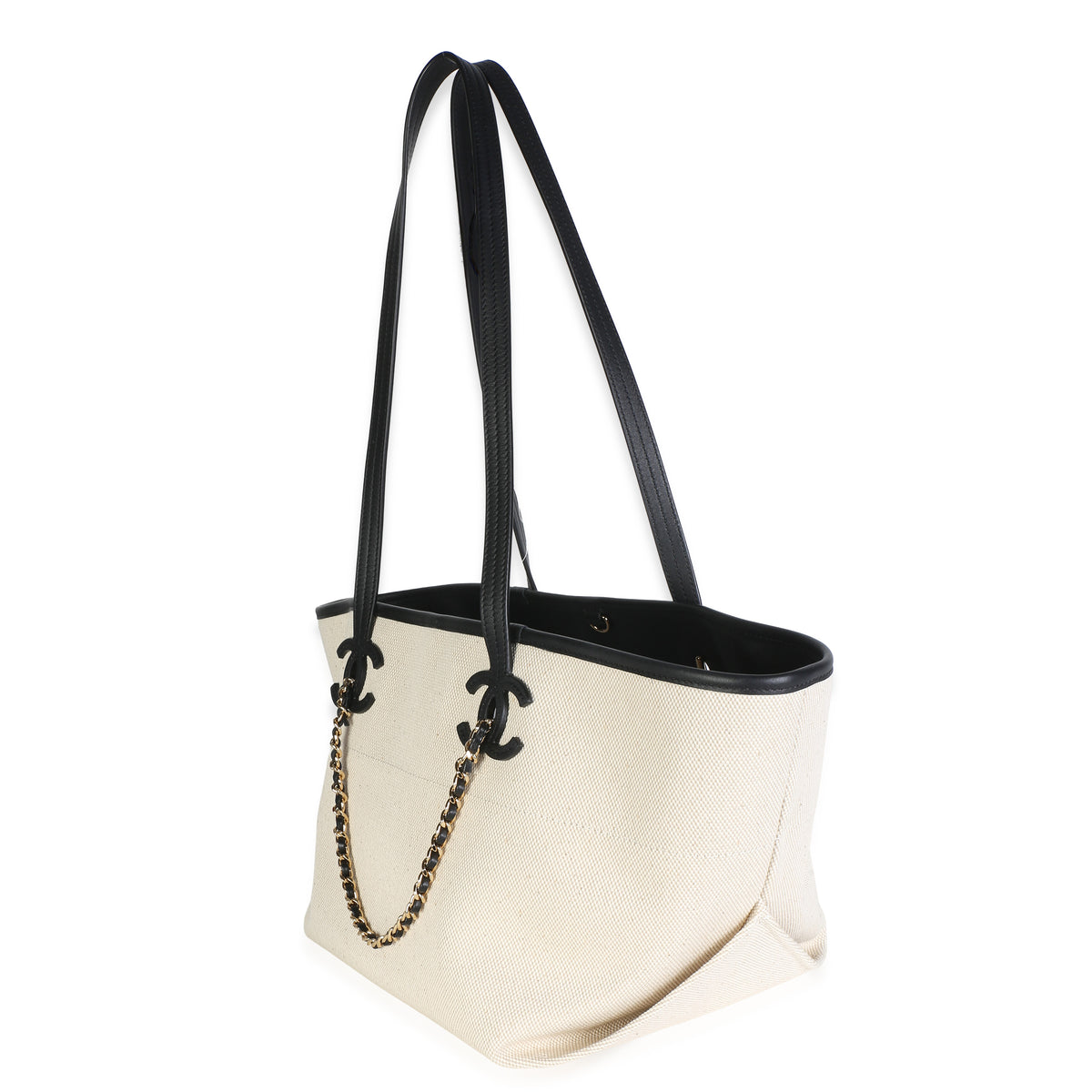 Chanel 26S Ecru Canvas Black Calfskin Small CC Shopping Tote Bag Handbag 2
