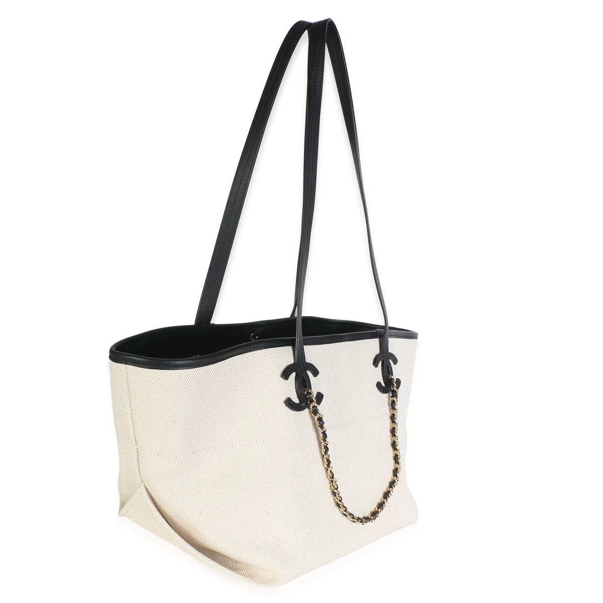 Chanel 26S Ecru Canvas Black Calfskin Small CC Shopping Tote Bag Handbag 3