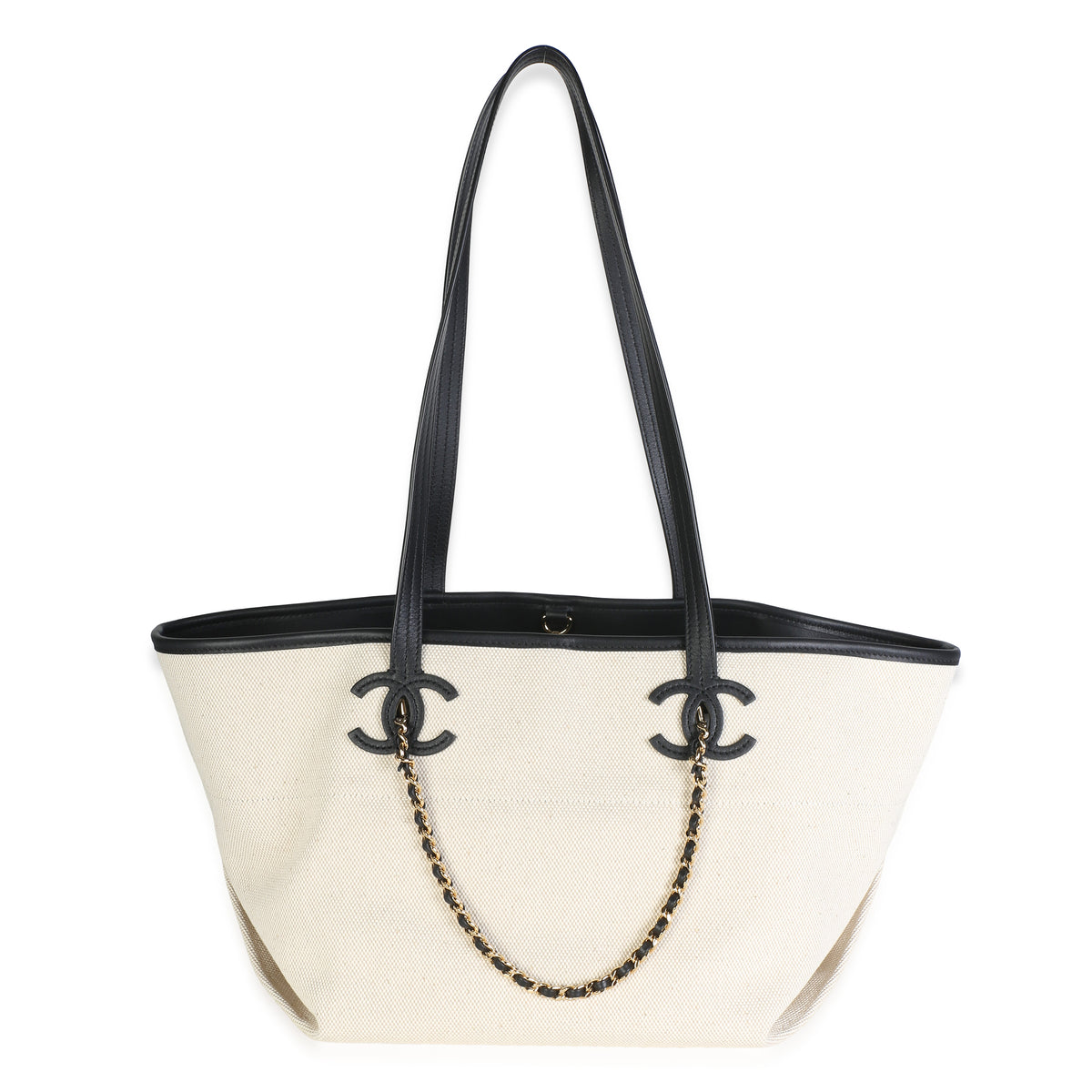 Chanel 26S Ecru Canvas Black Calfskin Small CC Shopping Tote Bag Handbag 4