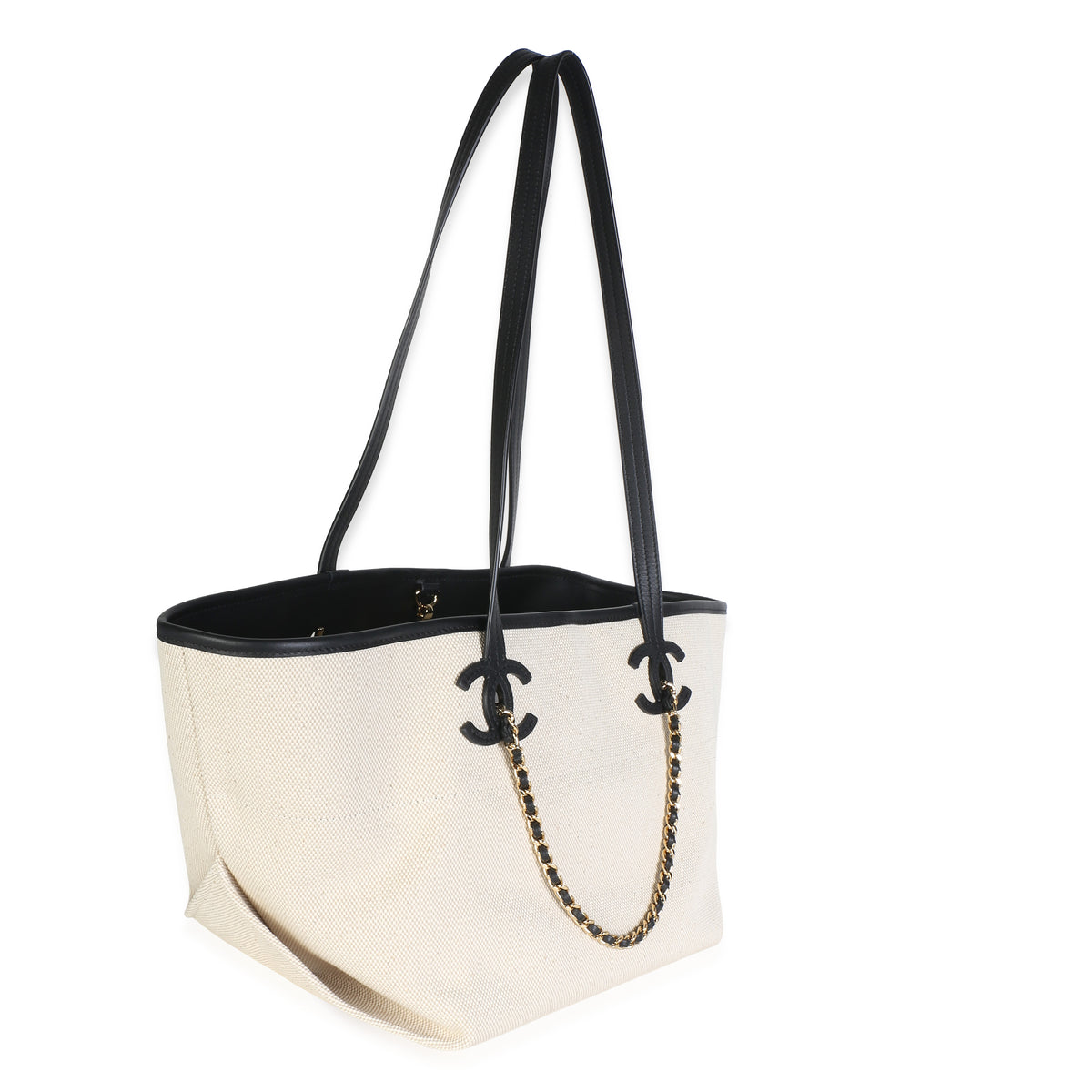 Chanel 26S Ecru Canvas Black Calfskin Small CC Shopping Tote Bag Handbag 6