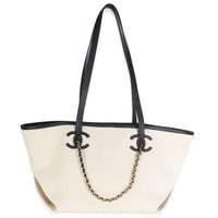 Chanel 26S Ecru Canvas Black Calfskin Small CC Shopping Tote Bag Handbag fv